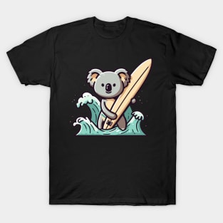 Cute koala with surfboard, koala bear surfing with sea waves, koala lover design, summer vacation T-Shirt